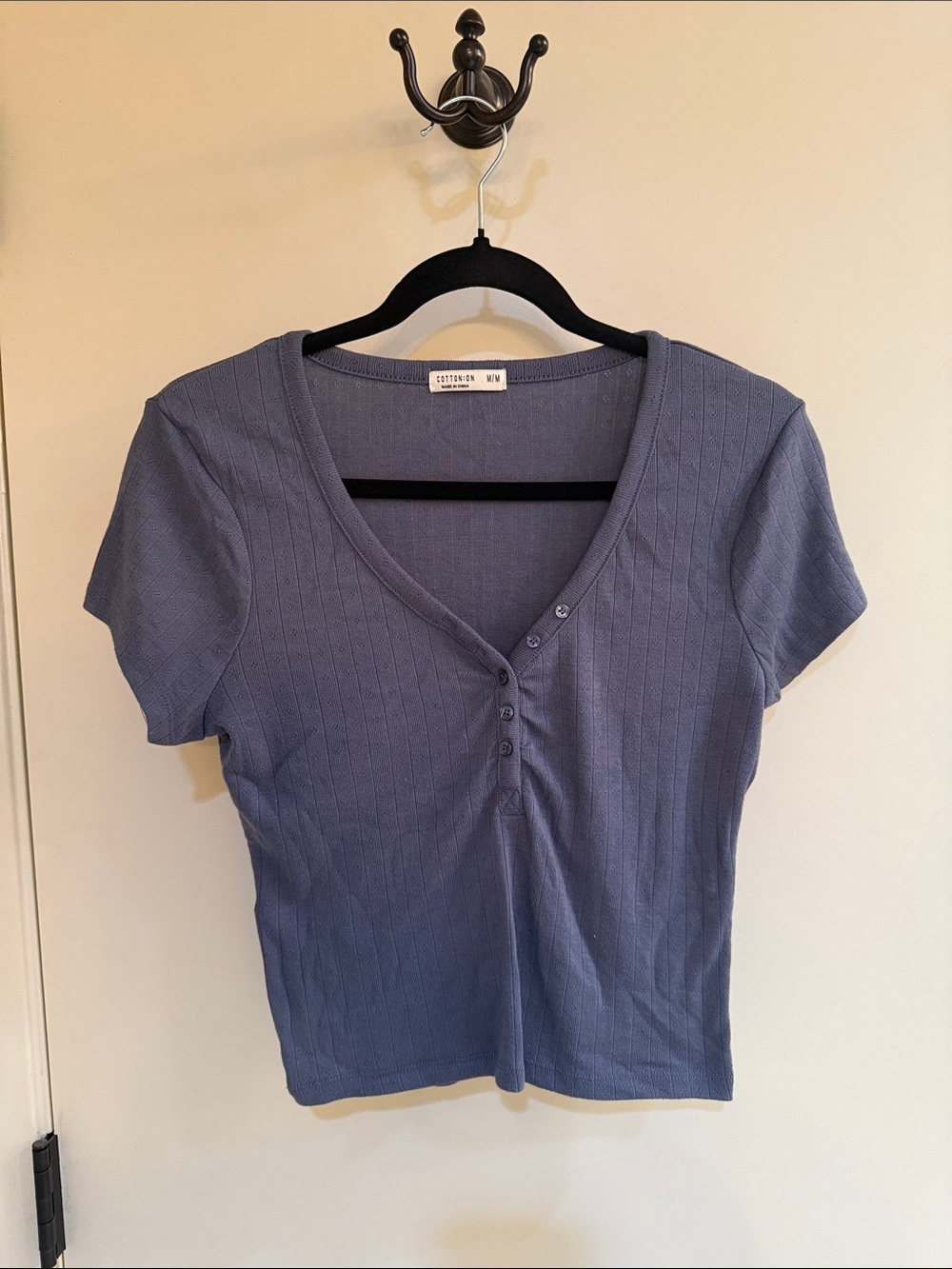 Cotton On Indigo Blue Ribbed Henley Short Sleeve Top